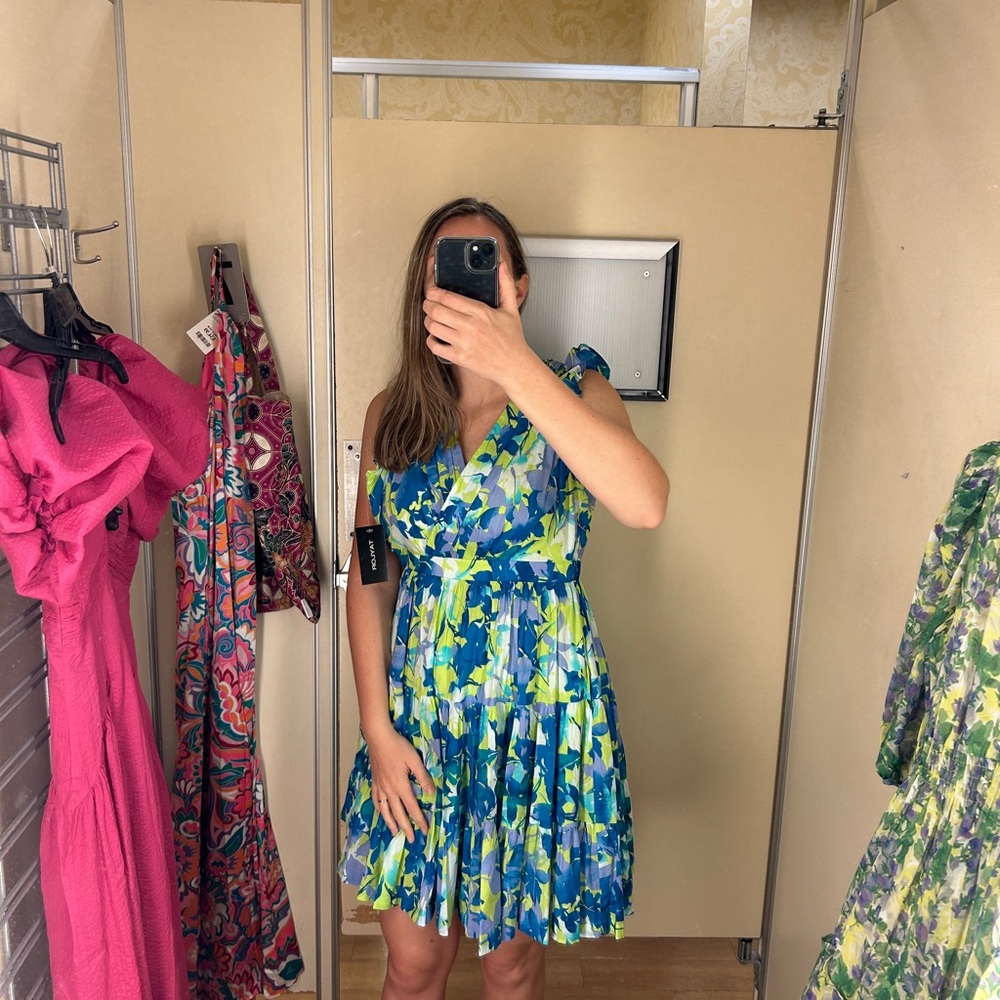 Taylor A-Line V-neck flirty floral - Blue and Green - Dress